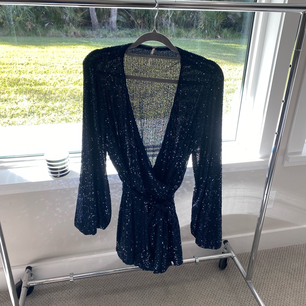 Navy Sequin Romper with Long Sleeves - Picture 5 of 7
